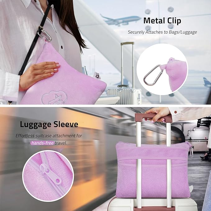 Travel Blanket, Airplane Blanket, Ultra-Soft, Warm & Lightweight, 65x40 in, Outdoor Blanket Essentials for Women, Men & Kids, Included Eye Mask, Luggage Sleeve & Backpack Clip Purple