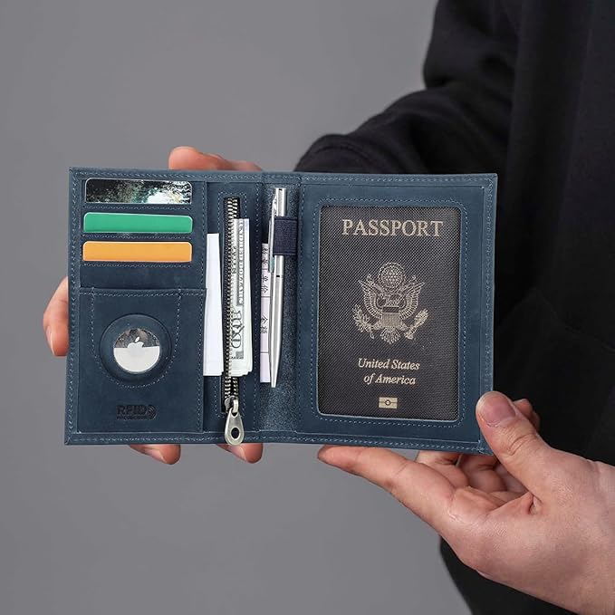 CONTACTS Full Grain Leather Passport Holder RFID Blocking Travel Passport Wallet Compatible with Airtag Passport Cover Case with 4 Cards Slots, Coin Pocket (Blue)