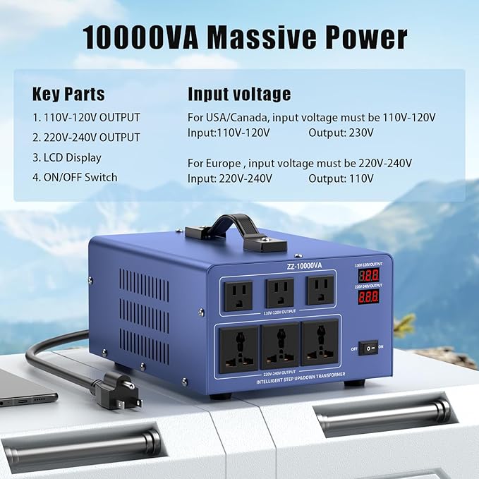 10000W Voltage Converter Transformer Step Up/Down 110V/120V to 220V/240V, Auto Voltage Recognition, Heavy Duty Power Converter with 6 Outlets, LCD Display & Circuit Breaker for Home, International Use