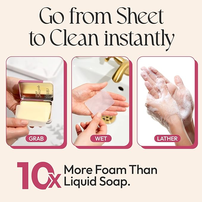 FOMIN - Antibacterial Paper Soap Sheets Tin for Traveling - 3 Pack Rose - Portable Travel Hand Soap Sheet, Dissolvable Mini Camping Hand Soap for Hand Washing