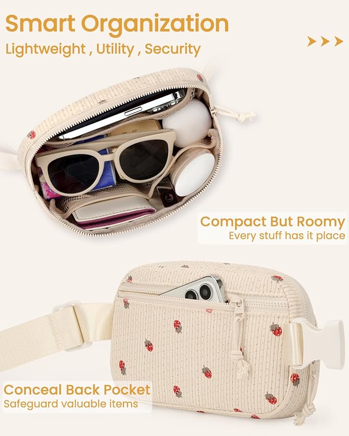 Vankor Large Corduroy Cute Fanny Packs for Women Cross Body, Everywhere Belt Bag for Women Crossbody Stylish Waist Pack Purse for Travel, Hiking, Workout, Running, Beige Corduroy Strawberry