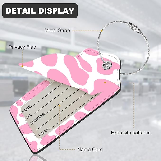 2Pack Luggage Tags for Suitcases, Cute Unique Pu Leather Cruise Luggage Tag with Privacy Cover ID Label Address Card and Metal Ring Suitable for Women Men Kids Travel Bag Pink Milk Pattern