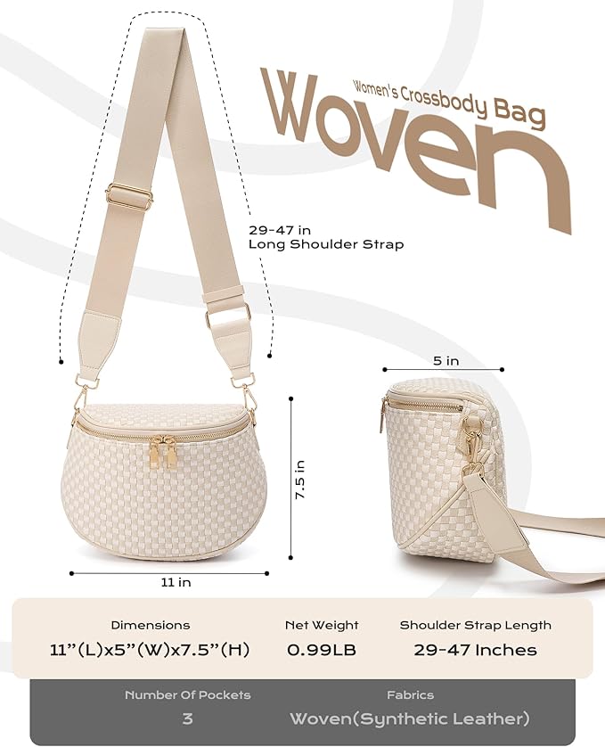 Trendy Woven Checkered Crossbody Bum Bag for Women，PU Leather Checkered Purse Fanny Packs Belt Bag (Woven Bum Bag - Beige White)