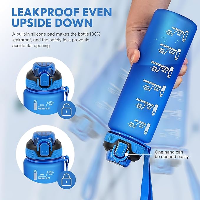 Water Bottle with Straw 1L,Boys Water Bottles with Straw 1 Litre,Waterbottle Leak-Proof Sports Water Bottle,Plastic Drinks Bottles Toxin Free，Bpa-Free (Dark Blue)