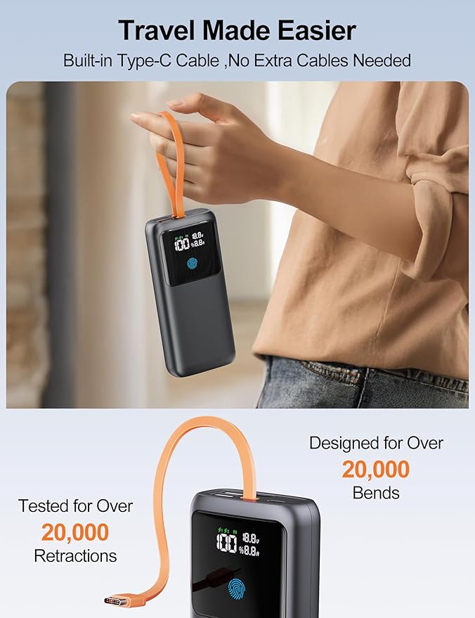 Laptop Power Bank, 24000mAh 65W Fast Charging Portable Charger with Built-in Cable, USB C Battery Pack with LED Display, Travel Essential External Battery Bank for Macbook/Notebook/Tablet/Phone Black