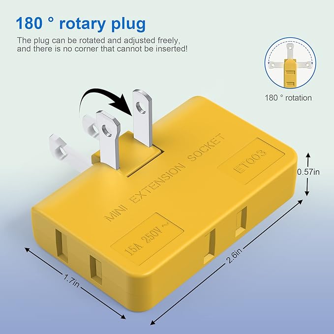 ETwinCoo 3 Way Flat Wall Outlet Extender, 2 Prong Mini Flat Wall Plug Adapter, Rotatable Flat Outlet Adapter(Easy Install & Safe), Type A,Multiple Color (6 Pack)
