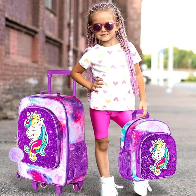 2Pcs Kids Suitcase, 18" Girls Carry on Luggage With Wheels, Unicorn Suitcases with toddler Backpack(Purple)