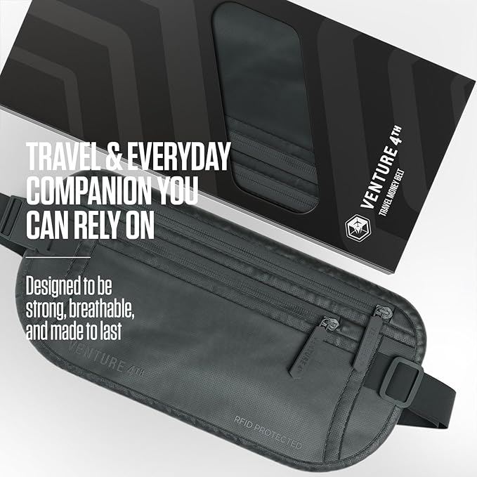 VENTURE 4TH Money Belt for Travel – Slim Hidden Under-Clothes RFID Blocking Anti-Theft Passport Holder & Travel Wallet Pouch for Men & Women to Protect Cash, Cards & Documents (Sleek Gray)