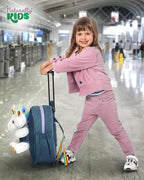 【Upgraded】Toddler Luggage for Girls w Removable Unicorn Toy | Side & Inner Pockets, Reflective Logo, Name Tag, Sparkly Denim | Kids Rolling Backpack | Travel & Birthday Gifts for 3 4 5 6 Year Old