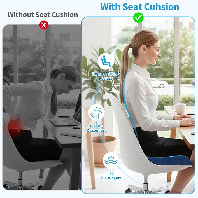 TranquilRelax XLarge Seat Cushion, Memory Foam Cushion for Long Sitting Hours on Office Chair, Home & Car, Non-Slip Chair Pad for Relieving Back & Sciatica & Hip & Coccyx Pain (Blue)