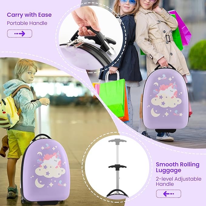HONEY JOY Kids Luggage, 16” Children Rolling Suitcase w/Wheels & Telescopic Handle, Hard Shell Lightweight Travel Luggage for Toddlers, Carry On Luggage with Wheels for Boys Girls(Purple Unicorn)