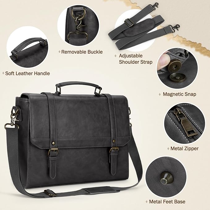 IGOLUMON Messenger Bag for Men 15.6 inch Vintage Leather Waterproof Laptop Briefcase Large Computer Laptop Bag Leather Satchel Bag Retro Shoulder Bag, Grey