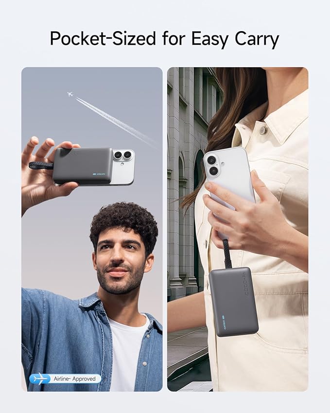 CUKTECH Magnetic Power Bank, 10000mAh Portable Charger, 20W Fast Charging & 7.5W Wireless, Built-in USB-C Cable, Battery Pack for iPhone 15/16/17 Series, Samsung, for Travel, Work & Daily Use