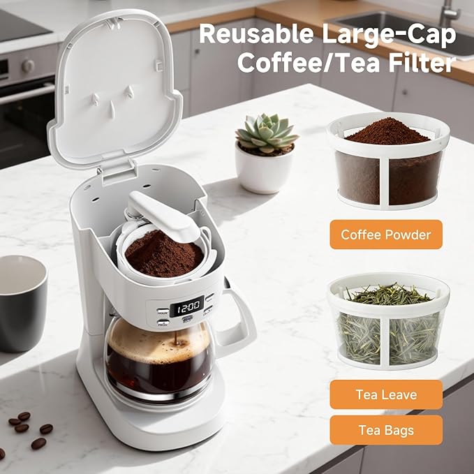 Coffee Maker, 5 Cup Drip Coffee Machine with Glass Carafe, 20 Hours Programmable Timer, 2 Hours Keep Warm, Compatible with Ground&Tea – Portable Small Cafetera for Home, Office, Travel&Camping-White