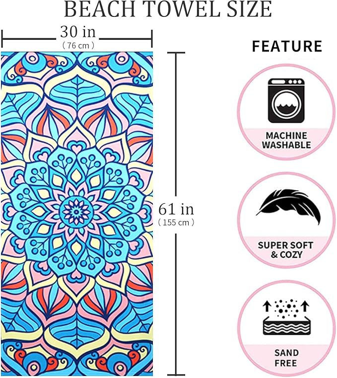 Beach Towel Microfiber 60"x30" Lightweight Sand Free Quicy Dry Blue Mandala Travel Towels Swim Pool Yoga Gym Camping for Women Men Girls Kids Beach Essentials Accessories Vacation Gift