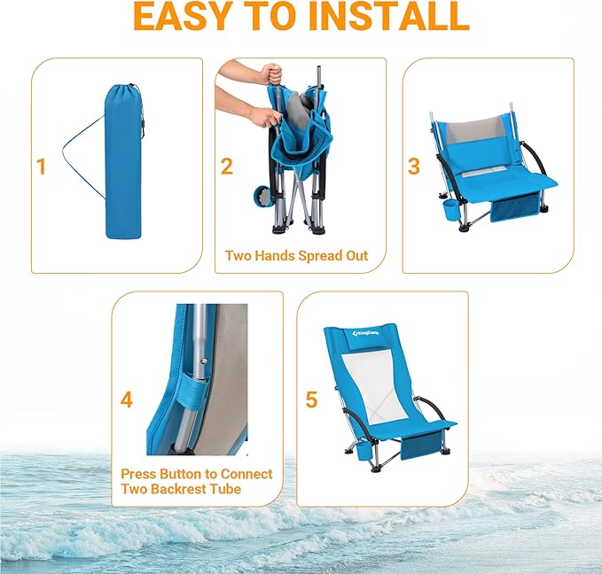 KingCamp Low Beach Chair, High Back Folding Camping Chair for Adults, Oversized Breathable Mesh Seat, 300lbs Heavy Duty Portable Chair with Cup Holder & Storage Pockets for Beach, Outdoor
