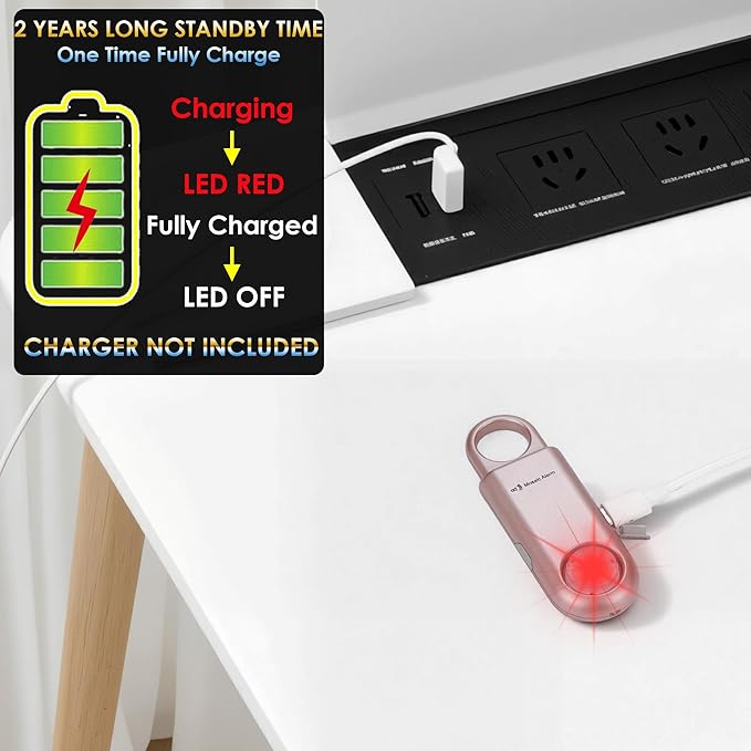 135dB Rechargeable Personal Safety Alarm Strobe Light Flashlight Keychain Siren for Women, College School Students Emergency SOS Alerts Loud Sound Torchlight Hiking Alarm Bear Deterrent. Rose Gold