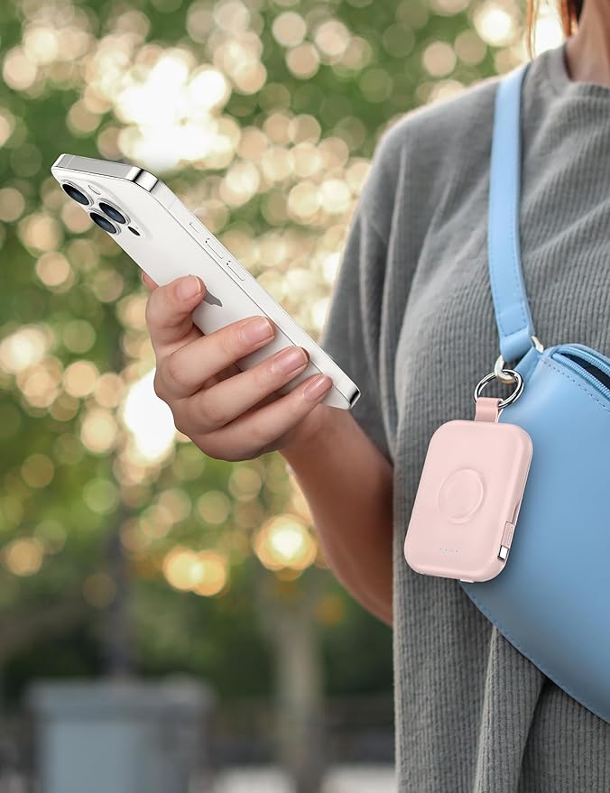 RORRY CharmGo Portable Charger, 5000mAh Portable Charger Power Bank with Built-in Cables, Travel Keychain Battery Pack for Apple Watch and iPhone Air/17/16/15/14/13/12, Pink