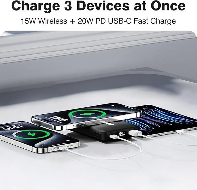 Azmuth Wireless Portable Charger with Stand, 10000mAh Magnetic Power Bank, 22.5W USB-C Fast Charging Battery Pack with Digital Display Compatible with iPhone 15/14/13/12 Series (Black), KT-D022