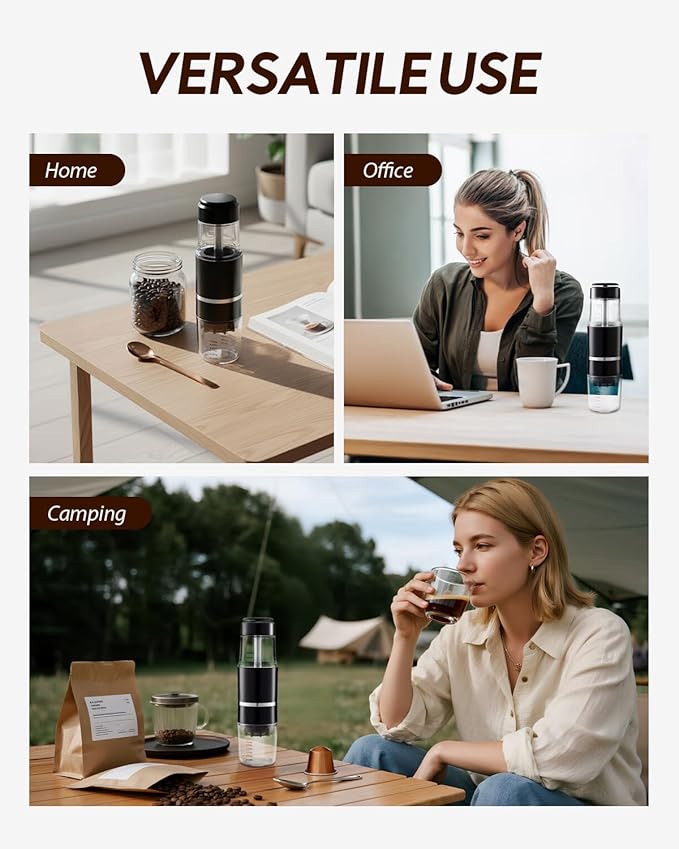 Portable Coffee Maker for Travel & Camping, Travel Lightweight Coffee Machines, Manually Operated, Compatible Ground Coffee & NS Capsule (Black)
