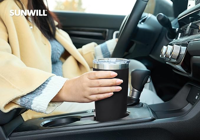 SUNWILL Travel Coffee Tumbler 20 oz, Insulated Mug with Lid, Stainless Steel Cup for Outdoor, Powder Coated Black