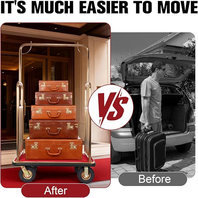 Generic Hotel Luggage Cart Wagon 39Lx19Wx68H Inch Lobby Trolley Luggage Carts Up to 881LBS 8-inch Silent Rubber Casters Carpet Deck Bumper Rails for Commercial Use Condos Resorts