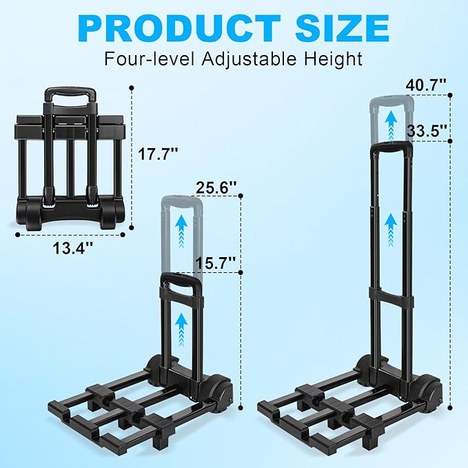 Folding Hand Truck, Foldable Luggage Cart Folding Trolley Dolly with Two Wheels Backpack Trolley with Extendable Chassis Telescopic Rod Utility Cart for Travel Moving Travel Bag, Luggage (Black)