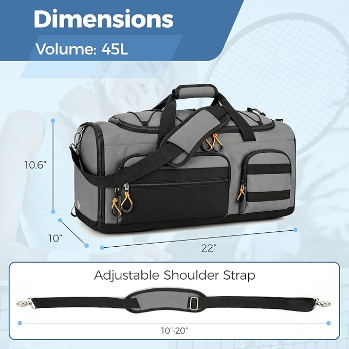 Searock 45L Gym Bag for Men, 3-In-1 Duffle Bag Backpack for Travel, Sports Duffel Bags for Gym Workout, Weekender Overnight Bag with Shoe Compartment, Wet Pocket, Dark Gray