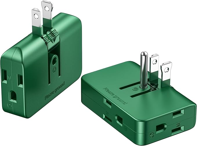 Green Outlet Splitter 3 Prong - Plug Extender with 3 Plug Wall Adapter, 2 to 3 & 3 to 2 Prong Converter, Safe Plugs for Electrical Outlet, 2 Pack