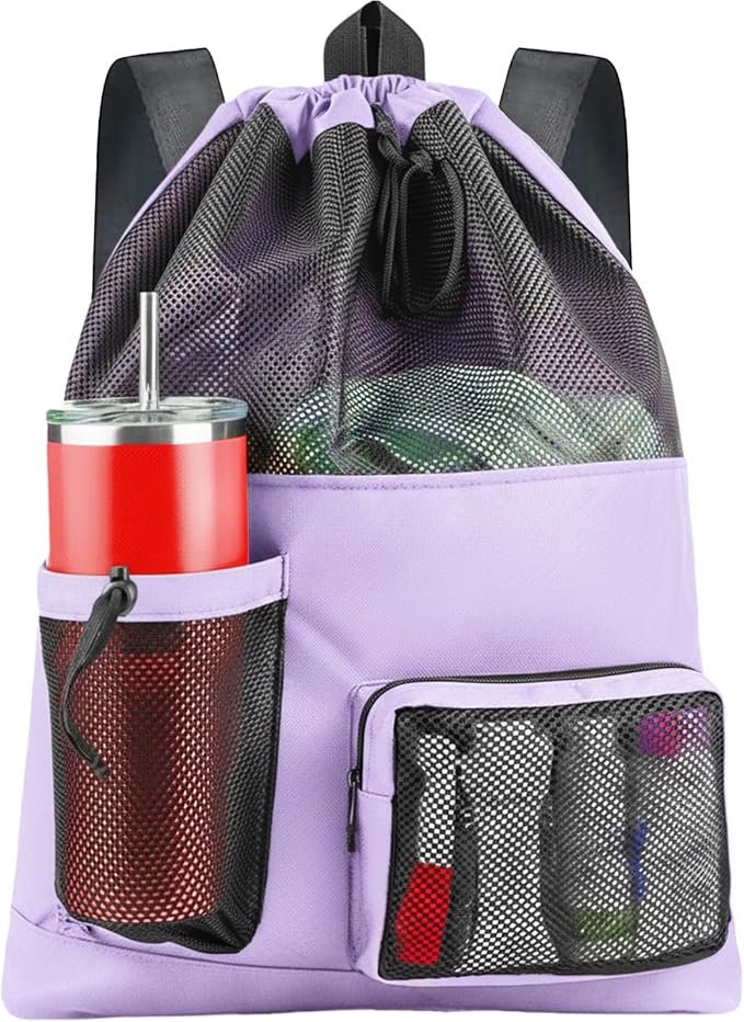 HOHOM Swim Mesh Beach Bag, Waterproof Gym Bags for Women and Men, Large Pool Bag Swimming Gear Drawstring Backpack