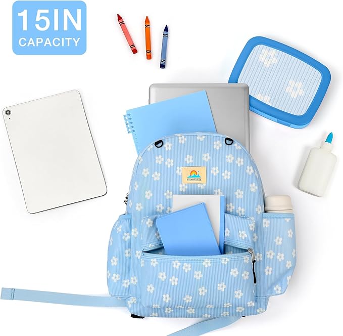 STEAMEDBUN Corduroy Kids Backpack for Girls and Boys 5-8: Girls Backpack for Elementary Kindergarten - 15 inch Cute Backpacks for Kids - Floral