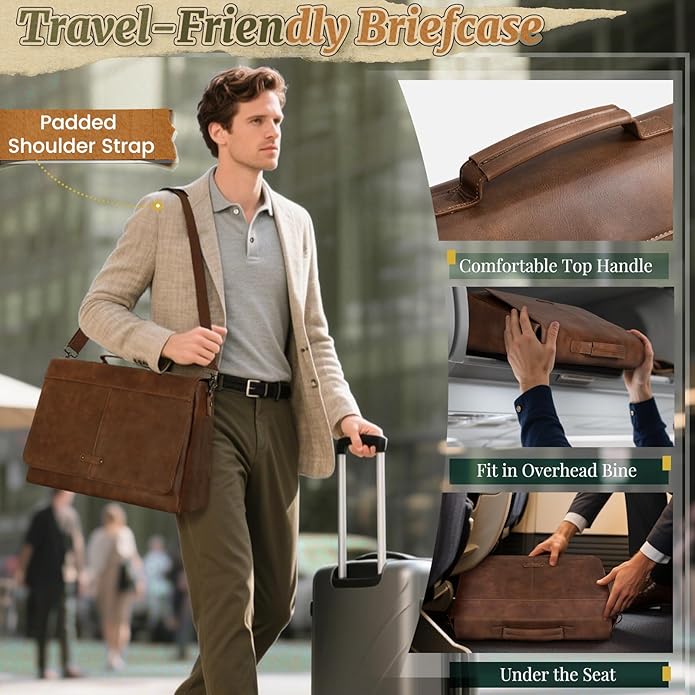 RAINSMORE Vintage Flap Messenger Bag for Men PU Leather Laptop Bag 15.6 Inch Mens Briefcase Waterproof Satchel Computer Bag