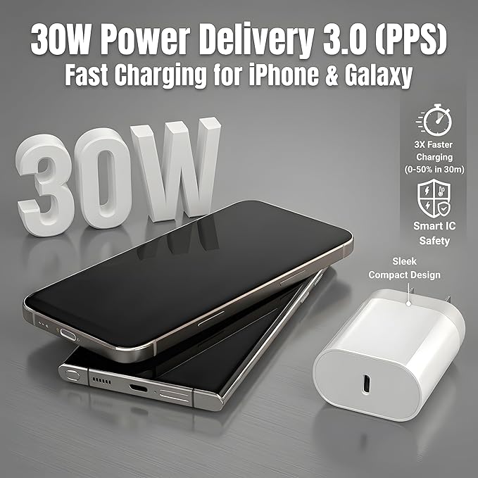 TT&C 30W USB C Block, PD Type C Wall Adapter, USB C Charger Block Compatible with iPhone 17, 17e, 17 Pro Max, 16, 15, 14, 13, iPad, mini, & for Samsung Galaxy S26/S25/S24