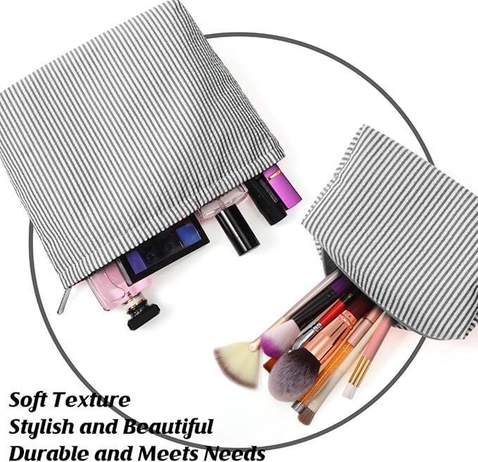 Huhumy 2 Pcs Makeup Bag Set Cute Cosmetic Pouch for Women Seersucker Travel Toiletry Bag Preppy Small Makeup Purse Pouch Aesthetic Skincare Brushes Storage Organizer for Valentine Women(Black)