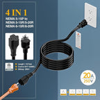 (10-Feet) NEMA 5-15P to 5-15R/ 5-20R/ 6-15R/ 6-20R AC Adapter, Plugrand 12AWG 15 Amp Household AC Plug to 20 Amp T Blade Adapter Cable, 15A 125V to 20A 250V Extension Cable, 10FT, Yellow