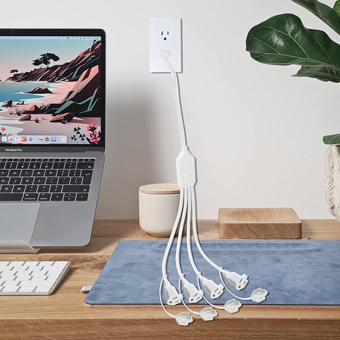 4 Way Outlet Splitter - White 2-Pack 90-Degree Angled Flat Plug 1 to 4 Extension Cable Power Strip, 16/3 Gauge 1.5FT, 3 Prong Y Style Multi Outlet Splitter, Perfect for Wall Wart Adapters