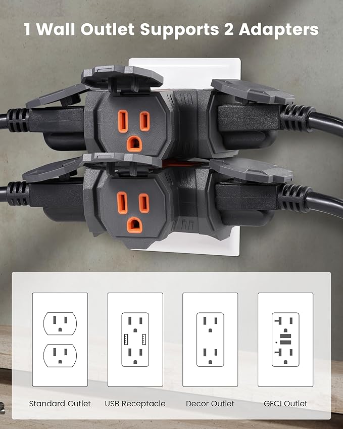 SURAIELEC Outdoor 3 Way Plug Adapter, Multi Plug Outlet Waterproof, 1 to 3 Power Splitter, Electrical 15A Multiple Plug Extender with Cover for Outside Garden Garage Cruise, Gray, ETL Listed, 3 Pack