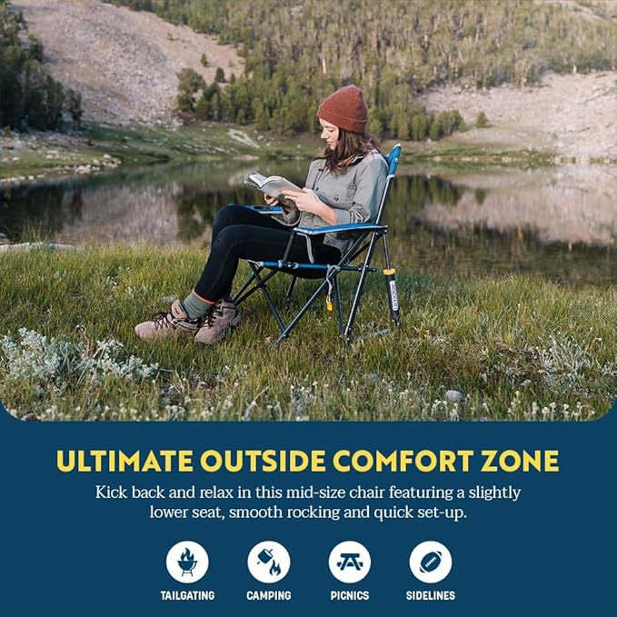 GCI Outdoor Kickback Rocker Camping Chair | Portable Folding Rocking Chair with Durable Armrests, Drink Holder & Relaxed Lowered Seat for Comfort — Red