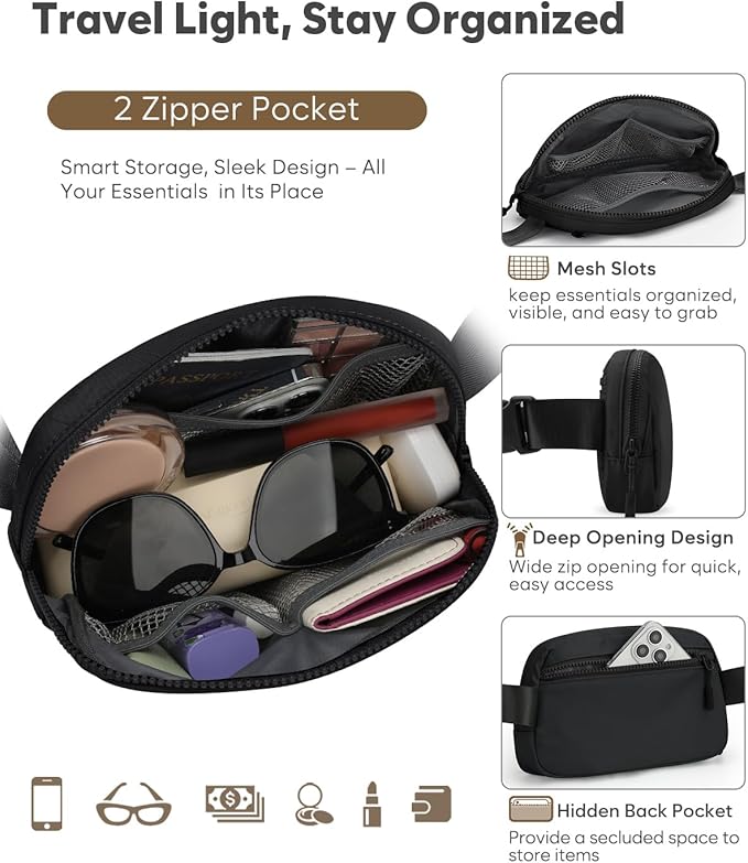 Pritent Fanny Packs for Women Cross Body Bag Waterproof Belt Bag with Adjustable Strap and Zipper Back Pocket Small Crossbody Bags Fashion Waist Packs for Workout Travelling(Black, Large)
