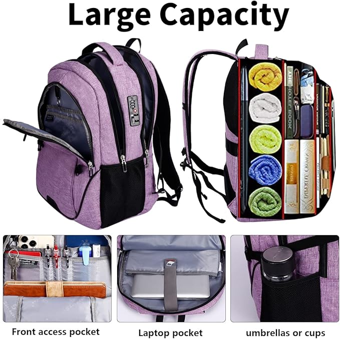 SHRRADOO Anti Theft Laptop Backpack Travel Backpacks with Combination Lock for Women Men College Backpack Computer Bag Fits 17 Inch Laptop,Purple | Travel Backpacks