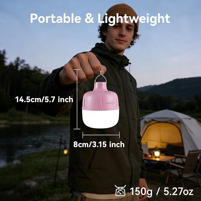 VAVOFO 20W LED Camping Lantern Rechargeable, 1200LM Camping Light, 3000mAh Portable Tent Light , IP65 Waterproof Flashlight Lanterns for Emergencies ,Power Outages,Hiking (Pink)