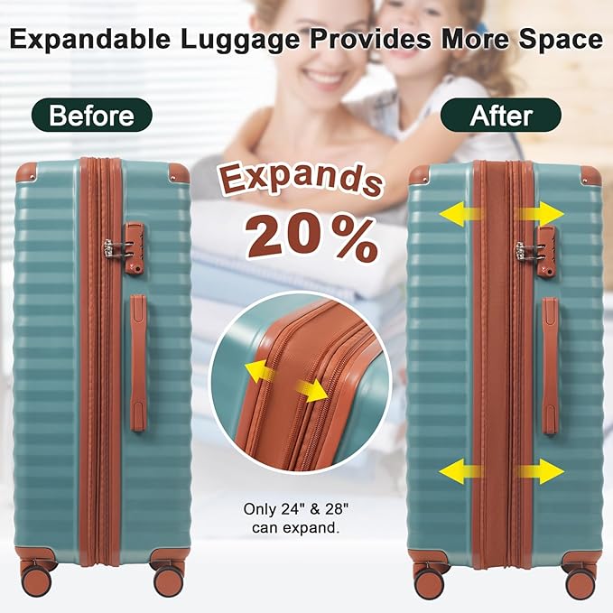 5 Piece Luggage Set w/TSA Locks & USB Port, Front Opening Hard Shell Luggage Sets, Expandable Suitcase Set with Wheels and Cup Holder(20"/24"/28") (Blue Green)