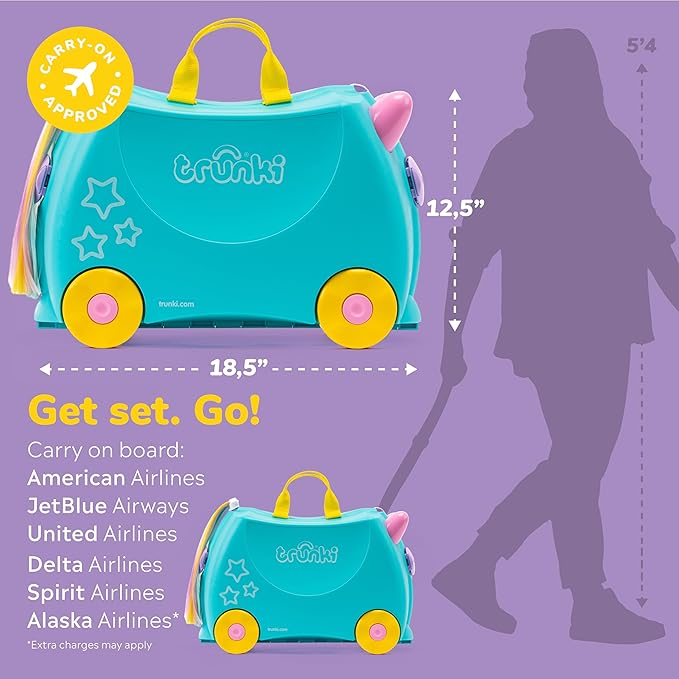 Trunki Ride-On Kids Suitcase | Tow-Along Toddler Luggage | Carry-On Cute Bag with Wheels | Kids Luggage and Airplane Travel Essentials: Una Unicorn Turquoise