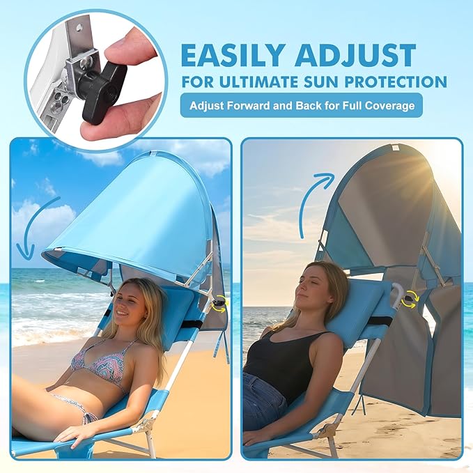 Backpack Beach Tanning Chair with Canopy and Face Hole, 6-Position Folding Lay Out Lounge Chair, UPF 50+ Wind-Resistant Sun Shade, Portable Recliner for Sunbathing, Outside, Poolside, Lawn, 2 Pack