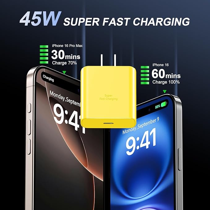 Phone 17 16 Pro Max Charger Fast Charging, 45W USB C Phone 17 16 Super Fast Charger Block with 10ft Long Type C Charging Cable Cord for i.Phone 17 Pro Max/17 Pro/17 Air/17/16/16Pro/16 ProMax-Yellow