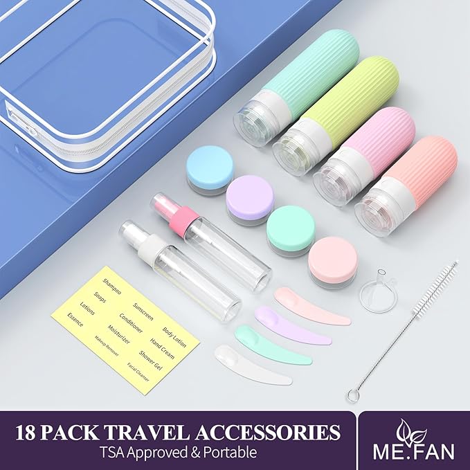 ME.FAN 18 Pack Travel Bottles for Toiletries, TSA Approved Silicone Portable Size Bottle, Refillable Cosmetic Container Kits for Conditioner, Shampoo, Lotion,Face Cream - Bright