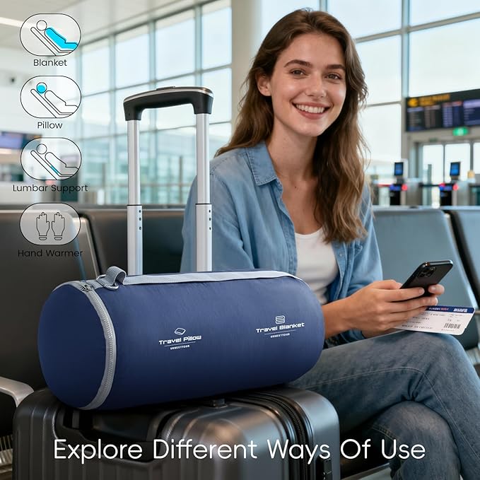 urnexttour 4-in-1 Travel Pillow & Blanket Set with Eye Mask, Memory Foam Neck Support, 50x65 Inch Blanket, Storage Bag for Airplane, Car, Train, Home Travel Blue