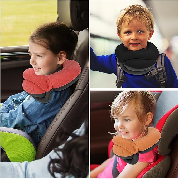 BUYUE Kids Travel Pillows for Airplane, Memory Foam 360° Head Support Sleeping Essentials for Boys Long Flight, Skin-Friendly Soft Neck Pillow for Traveling in Car Seat, (Small, Brown Grey, 40-90 lbs)