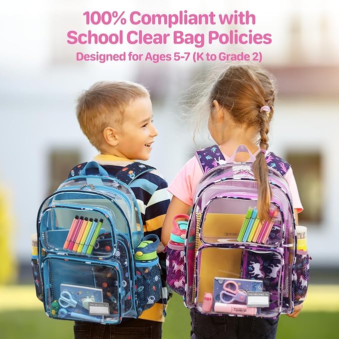 Bagseri Clear Backpack for Girls - 15 Inch Heavy Duty Kids Clear Bookbag for Kindergarten to Grade 2, Transparent School Bag with Reflective Strip, Fits Folders, Deep Purple Unicorn