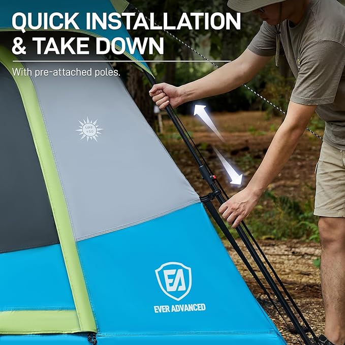 EVER ADVANCED 4 Person Blackout Camping Tent, 60s Easy Setup Instant Cabin Tent for Family, 4000mm Water-Resistant & UV Protection Light-Blocking Tent with Rainfly for Outdoor Travel, 8' x 7' x 59"